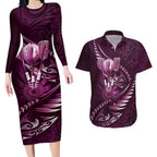 Personalised All Pink New Zealand Darts Couples Matching Long Sleeve Bodycon Dress and Hawaiian Shirt Aoteroa Fern Maori Galaxy Style