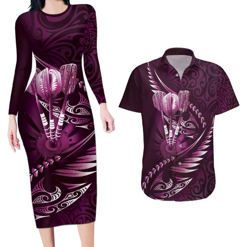 Personalised All Pink New Zealand Darts Couples Matching Long Sleeve Bodycon Dress and Hawaiian Shirt Aoteroa Fern Maori Galaxy Style