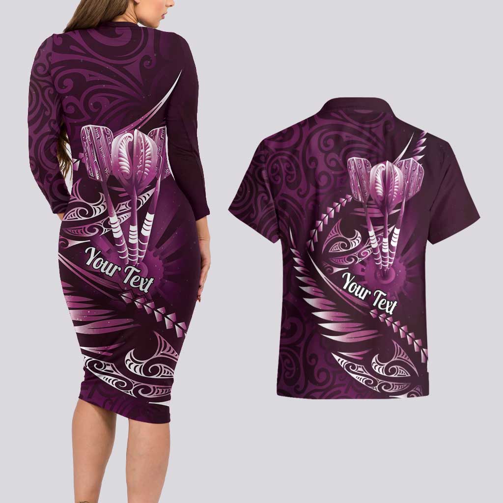 Personalised All Pink New Zealand Darts Couples Matching Long Sleeve Bodycon Dress and Hawaiian Shirt Aoteroa Fern Maori Galaxy Style