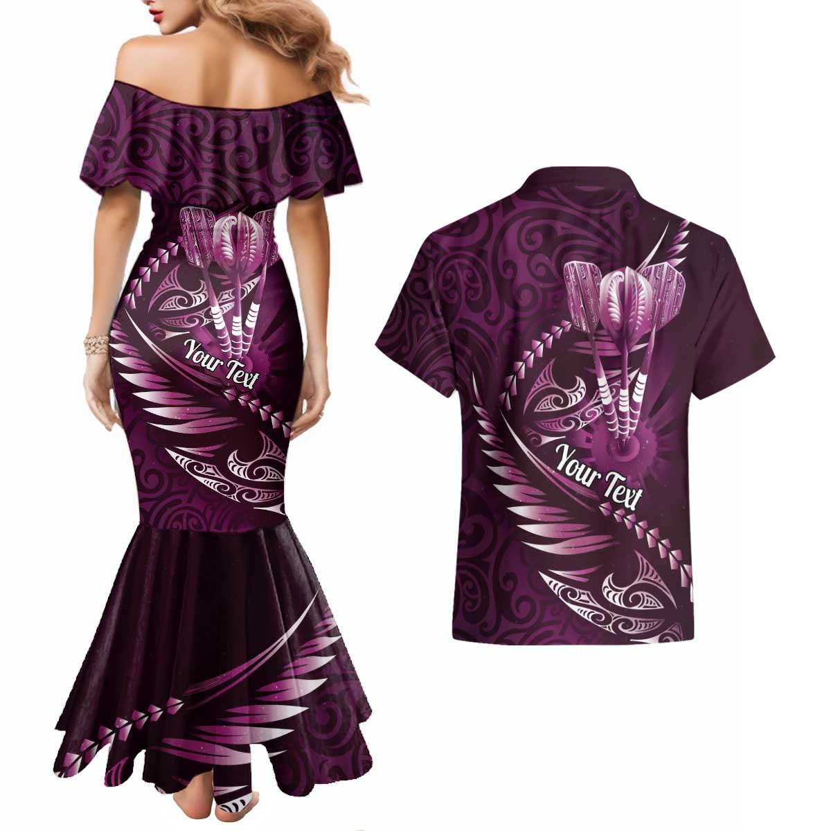 Personalised All Pink New Zealand Darts Couples Matching Mermaid Dress and Hawaiian Shirt Aoteroa Fern Maori Galaxy Style