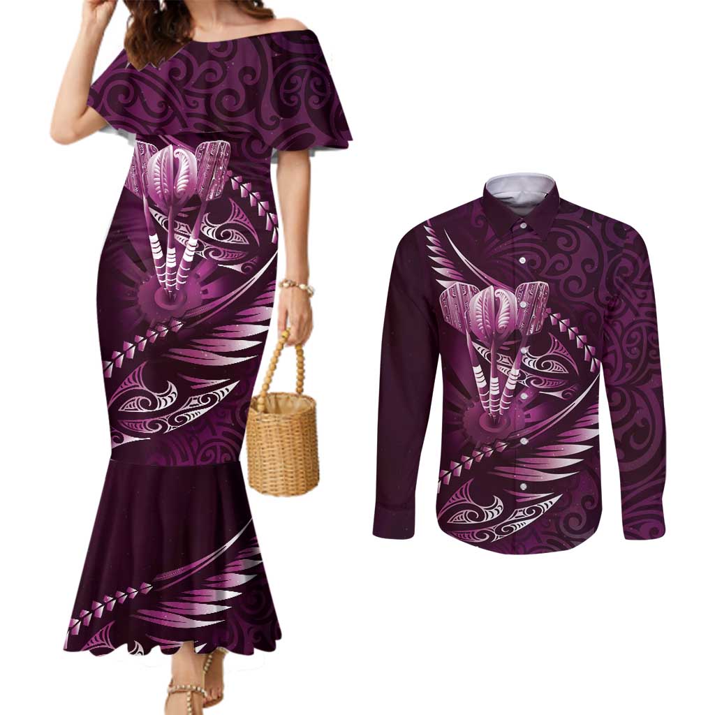 Personalised All Pink New Zealand Darts Couples Matching Mermaid Dress and Long Sleeve Button Shirt Aoteroa Fern Maori Galaxy Style