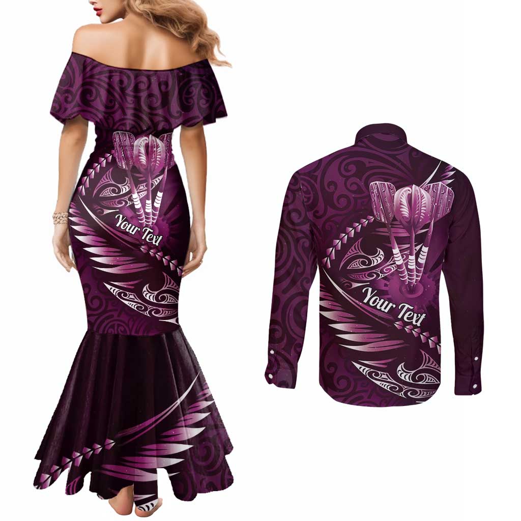Personalised All Pink New Zealand Darts Couples Matching Mermaid Dress and Long Sleeve Button Shirt Aoteroa Fern Maori Galaxy Style