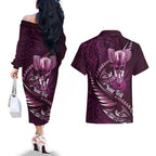 Personalised All Pink New Zealand Darts Couples Matching Off The Shoulder Long Sleeve Dress and Hawaiian Shirt Aoteroa Fern Maori Galaxy Style