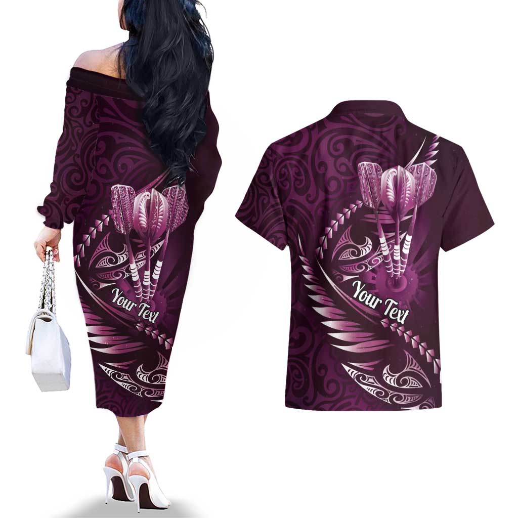 Personalised All Pink New Zealand Darts Couples Matching Off The Shoulder Long Sleeve Dress and Hawaiian Shirt Aoteroa Fern Maori Galaxy Style