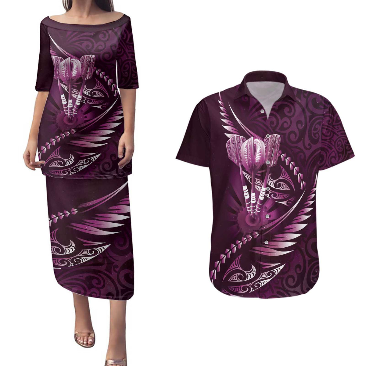 Personalised All Pink New Zealand Darts Couples Matching Puletasi and Hawaiian Shirt Aoteroa Fern Maori Galaxy Style