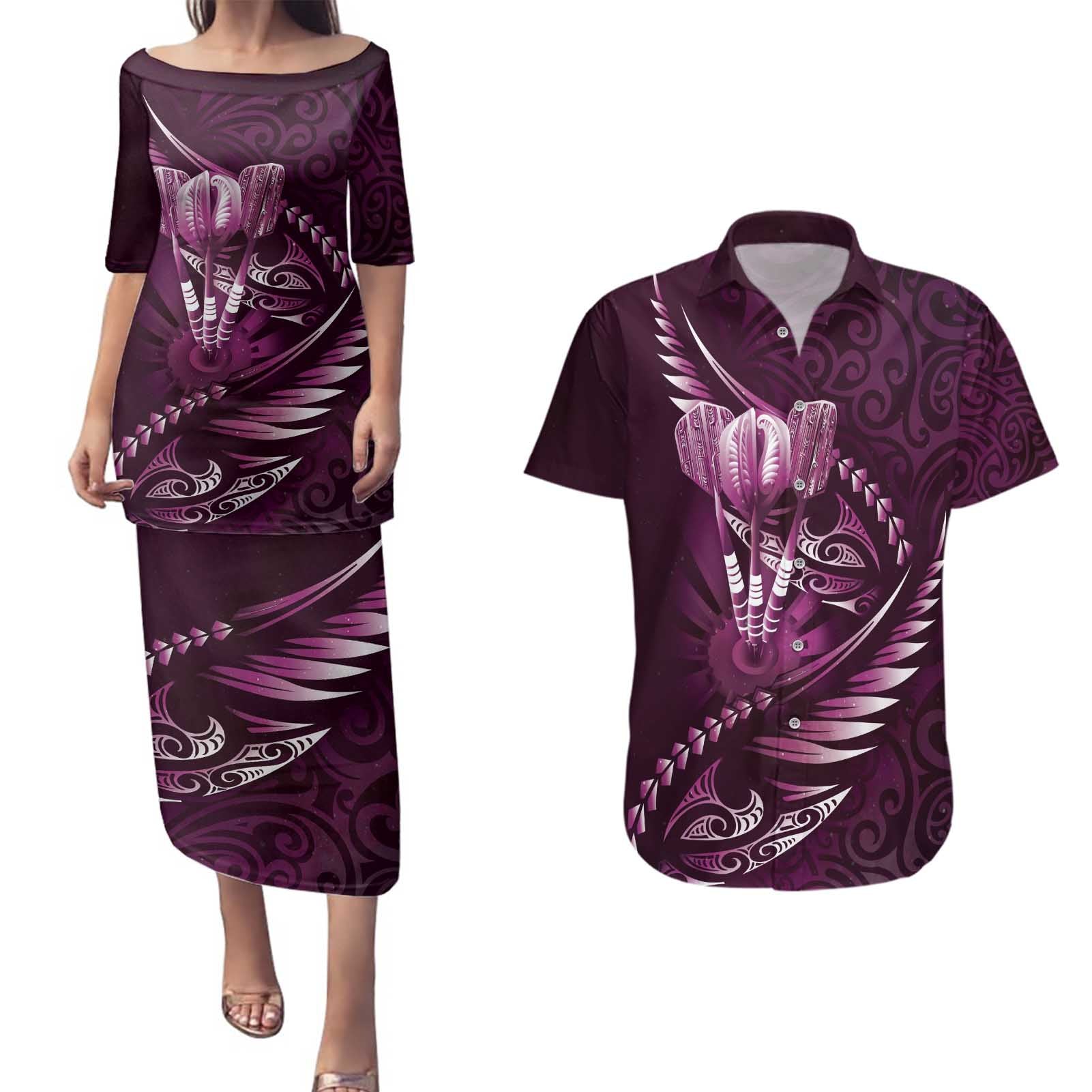 Personalised All Pink New Zealand Darts Couples Matching Puletasi and Hawaiian Shirt Aoteroa Fern Maori Galaxy Style