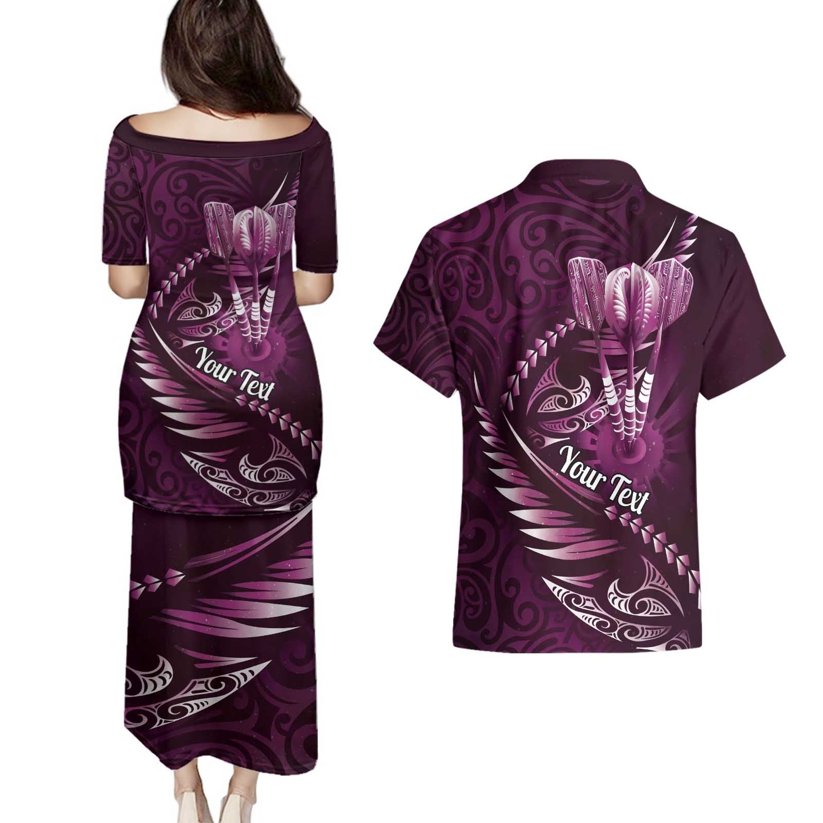 Personalised All Pink New Zealand Darts Couples Matching Puletasi and Hawaiian Shirt Aoteroa Fern Maori Galaxy Style