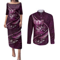 Personalised All Pink New Zealand Darts Couples Matching Puletasi and Long Sleeve Button Shirt Aoteroa Fern Maori Galaxy Style