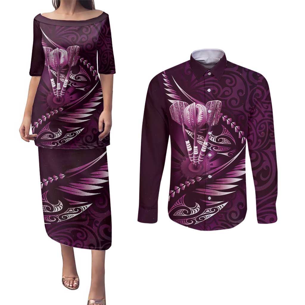 Personalised All Pink New Zealand Darts Couples Matching Puletasi and Long Sleeve Button Shirt Aoteroa Fern Maori Galaxy Style