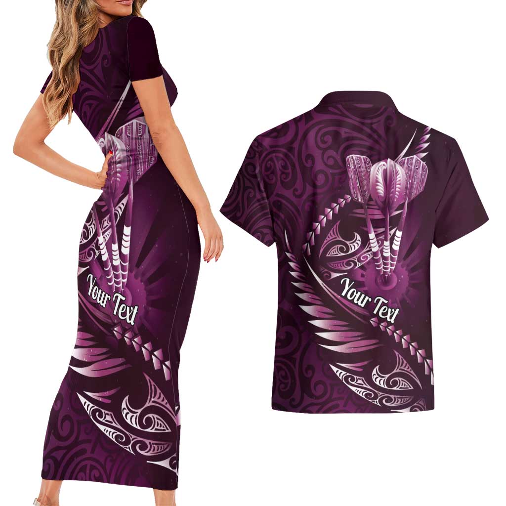 Personalised All Pink New Zealand Darts Couples Matching Short Sleeve Bodycon Dress and Hawaiian Shirt Aoteroa Fern Maori Galaxy Style