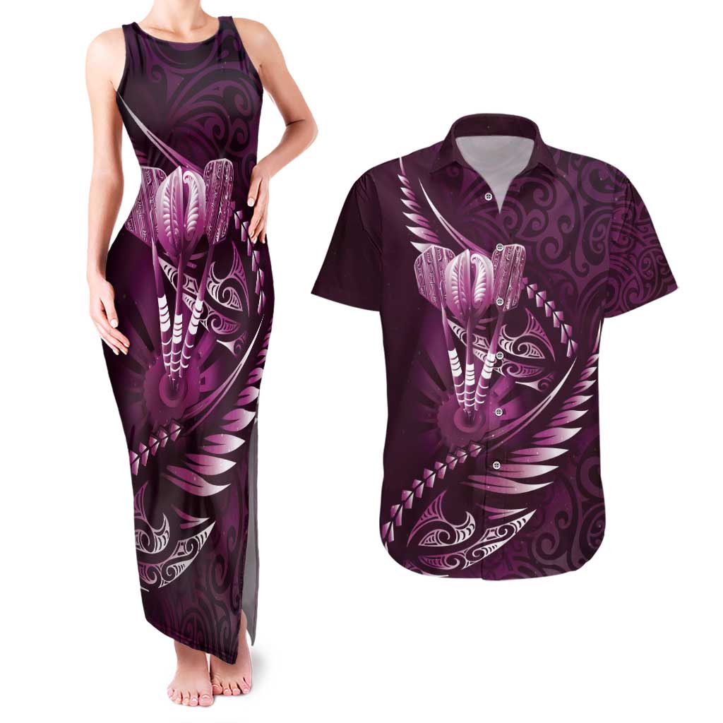 Personalised All Pink New Zealand Darts Couples Matching Tank Maxi Dress and Hawaiian Shirt Aoteroa Fern Maori Galaxy Style