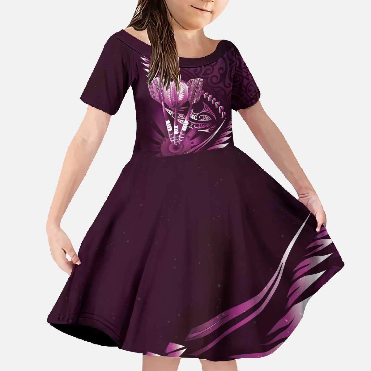 Personalised All Pink New Zealand Darts Family Matching Off The Shoulder Long Sleeve Dress and Hawaiian Shirt Aoteroa Fern Maori Galaxy Style