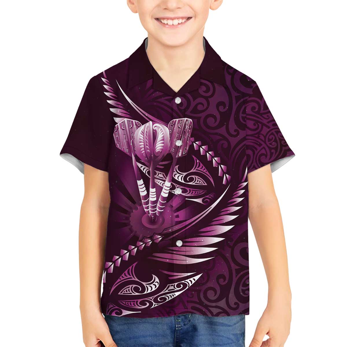 Personalised All Pink New Zealand Darts Family Matching Off The Shoulder Long Sleeve Dress and Hawaiian Shirt Aoteroa Fern Maori Galaxy Style