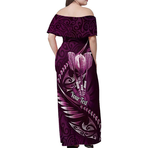 Personalised All Pink New Zealand Darts Family Matching Off Shoulder Maxi Dress and Hawaiian Shirt Aoteroa Fern Maori Galaxy Style