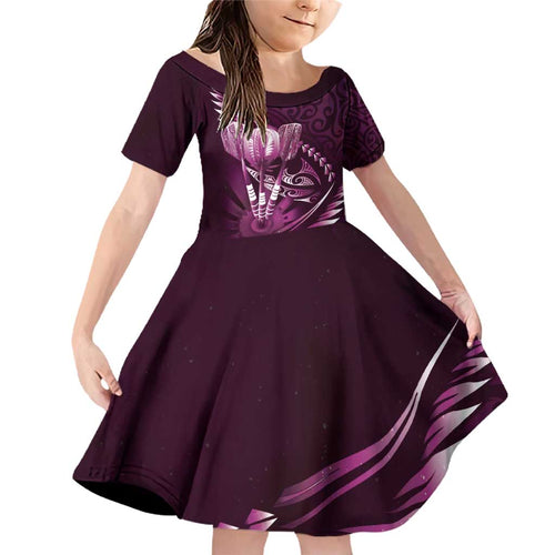 Personalised All Pink New Zealand Darts Family Matching Off Shoulder Short Dress and Hawaiian Shirt Aoteroa Fern Maori Galaxy Style
