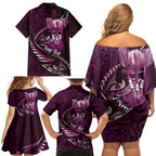 Personalised All Pink New Zealand Darts Family Matching Off Shoulder Short Dress and Hawaiian Shirt Aoteroa Fern Maori Galaxy Style