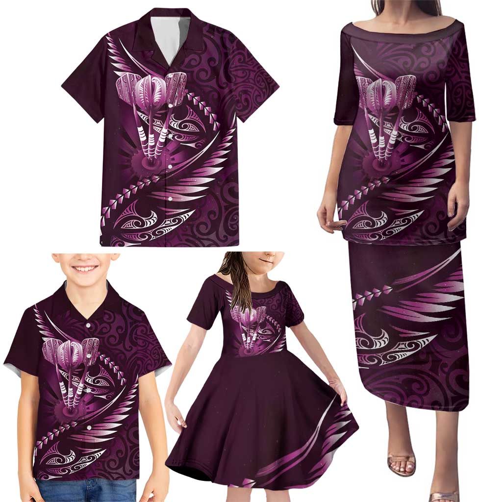 Personalised All Pink New Zealand Darts Family Matching Puletasi and Hawaiian Shirt Aoteroa Fern Maori Galaxy Style