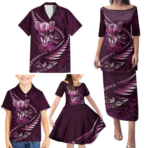 Personalised All Pink New Zealand Darts Family Matching Puletasi and Hawaiian Shirt Aoteroa Fern Maori Galaxy Style