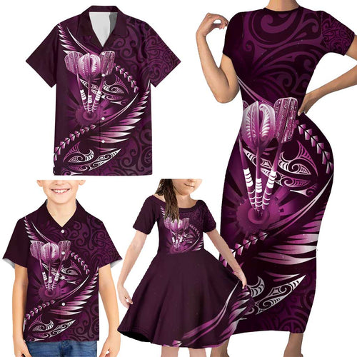 Personalised All Pink New Zealand Darts Family Matching Short Sleeve Bodycon Dress and Hawaiian Shirt Aoteroa Fern Maori Galaxy Style