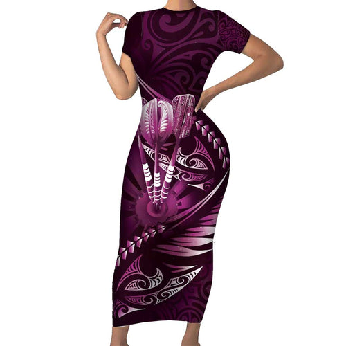 Personalised All Pink New Zealand Darts Family Matching Short Sleeve Bodycon Dress and Hawaiian Shirt Aoteroa Fern Maori Galaxy Style