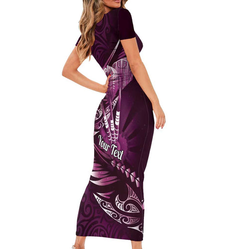 Personalised All Pink New Zealand Darts Family Matching Short Sleeve Bodycon Dress and Hawaiian Shirt Aoteroa Fern Maori Galaxy Style