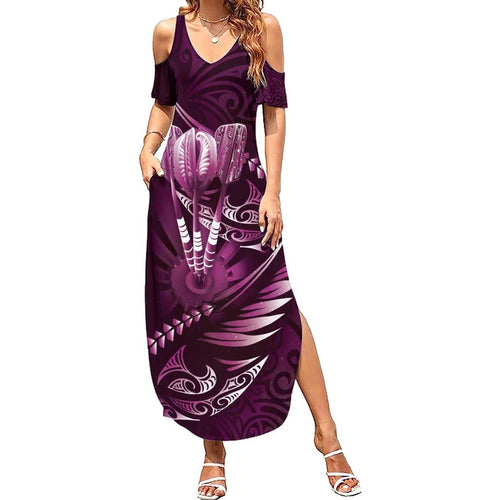 Personalised All Pink New Zealand Darts Family Matching Summer Maxi Dress and Hawaiian Shirt Aoteroa Fern Maori Galaxy Style