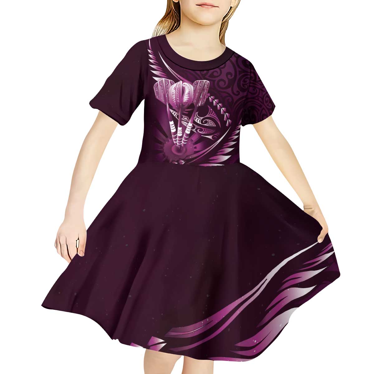 Personalised All Pink New Zealand Darts Kid Short Sleeve Dress Aoteroa Fern Maori Galaxy Style
