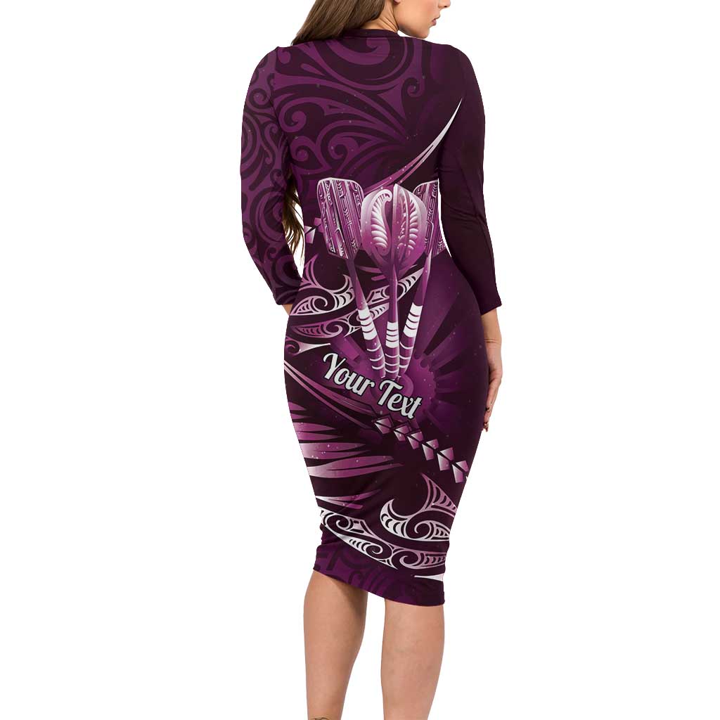 Personalised All Pink New Zealand Darts Long Sleeve Bodycon Dress Aoteroa Fern Maori Galaxy Style
