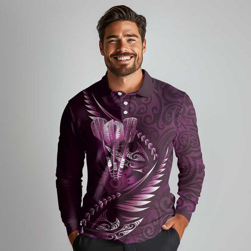 Personalised All Pink New Zealand Darts Long Sleeve Polo Shirt Aoteroa Fern Maori Galaxy Style