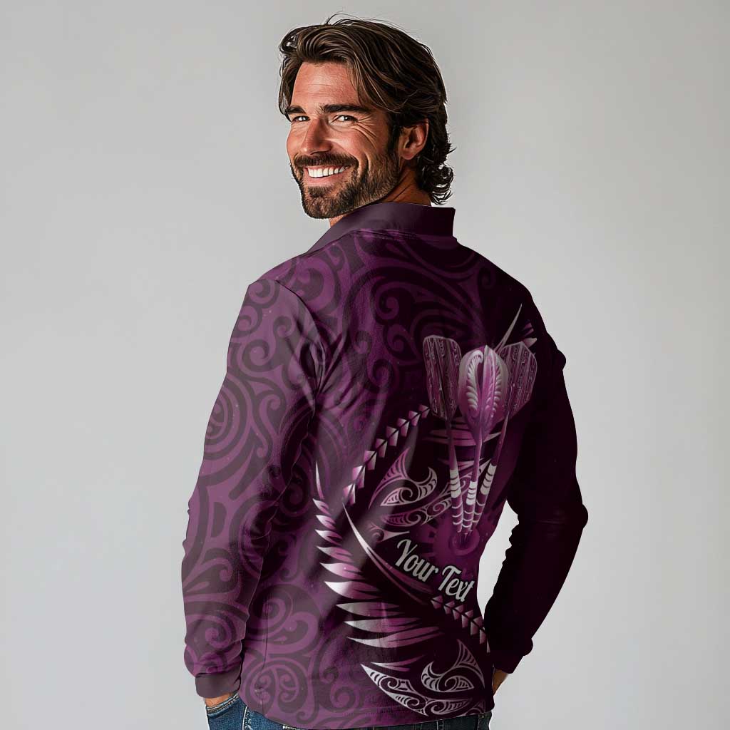 Personalised All Pink New Zealand Darts Long Sleeve Polo Shirt Aoteroa Fern Maori Galaxy Style