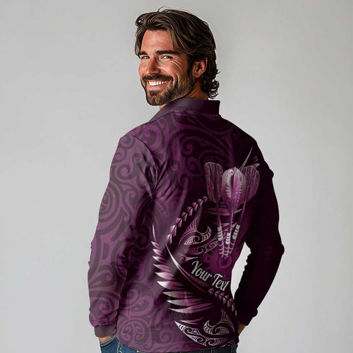 Personalised All Pink New Zealand Darts Long Sleeve Polo Shirt Aoteroa Fern Maori Galaxy Style