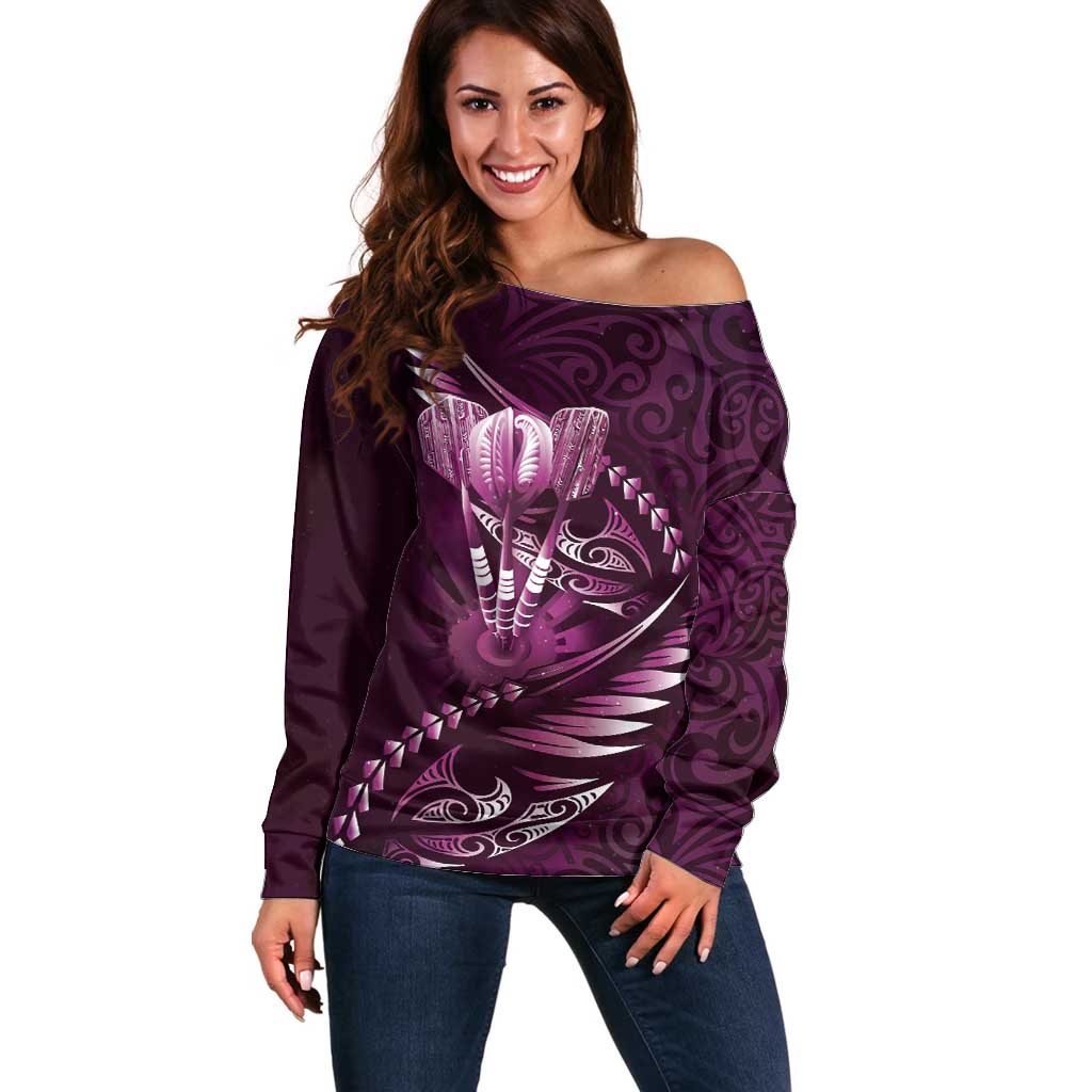 Personalised All Pink New Zealand Darts Off Shoulder Sweater Aoteroa Fern Maori Galaxy Style
