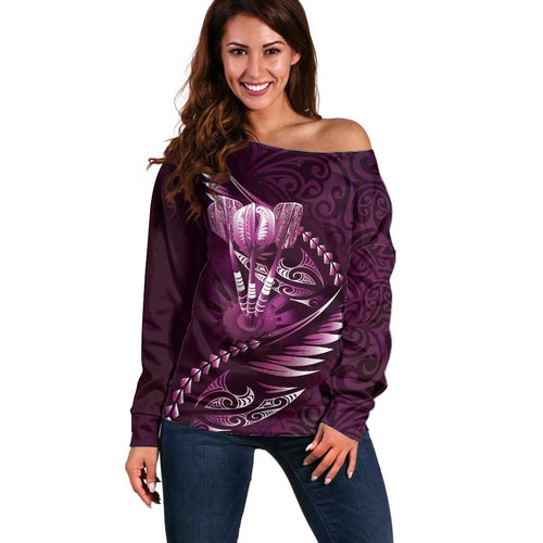 Personalised All Pink New Zealand Darts Off Shoulder Sweater Aoteroa Fern Maori Galaxy Style