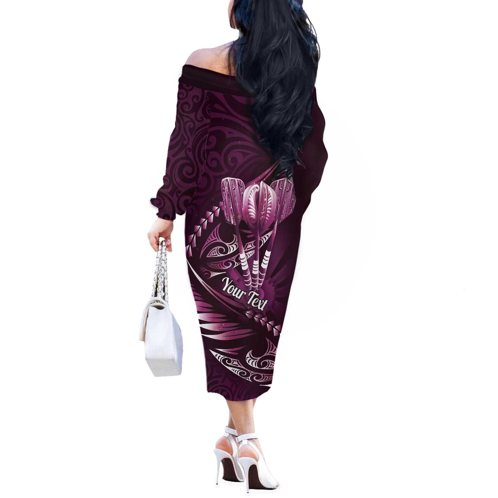 Personalised All Pink New Zealand Darts Off The Shoulder Long Sleeve Dress Aoteroa Fern Maori Galaxy Style