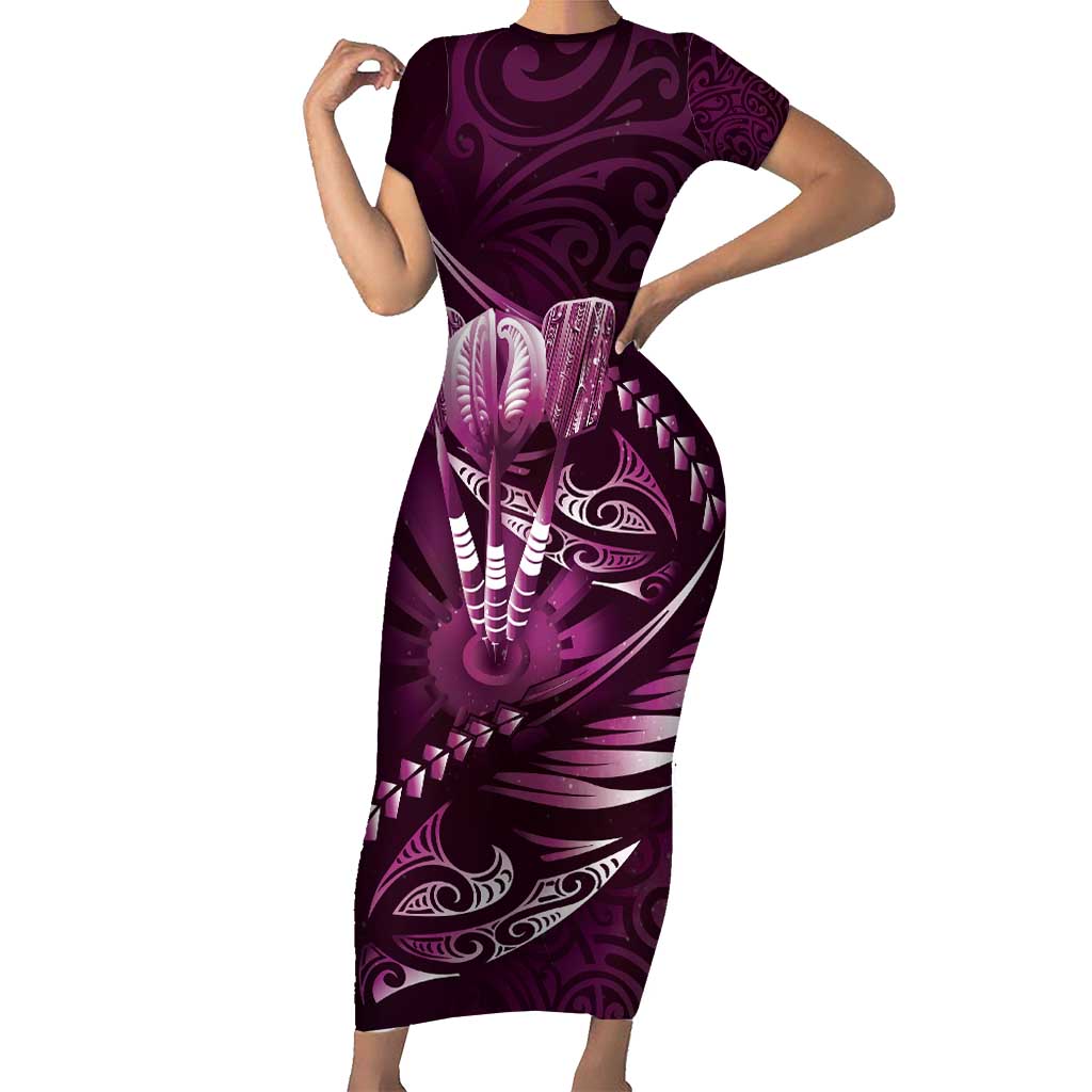 Personalised All Pink New Zealand Darts Short Sleeve Bodycon Dress Aoteroa Fern Maori Galaxy Style
