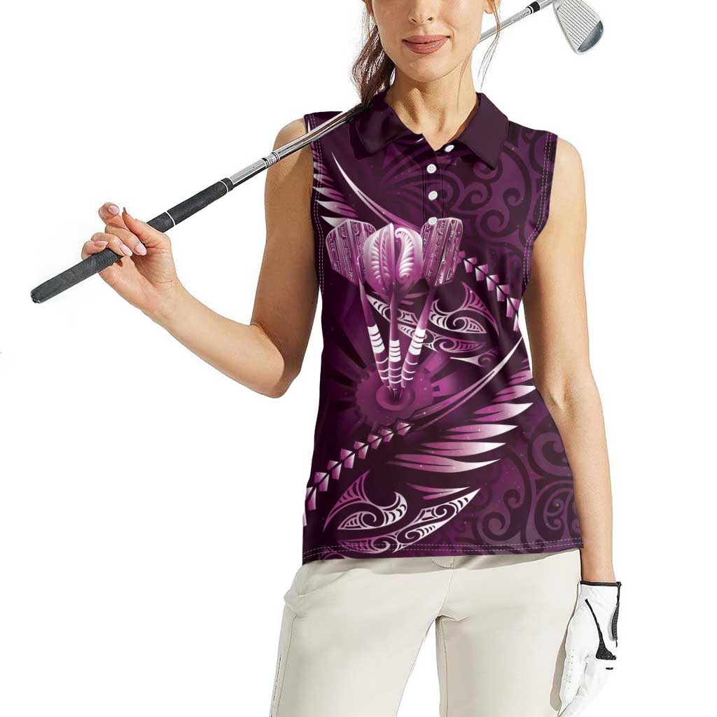 Personalised All Pink New Zealand Darts Women Sleeveless Polo Shirt Aoteroa Fern Maori Galaxy Style