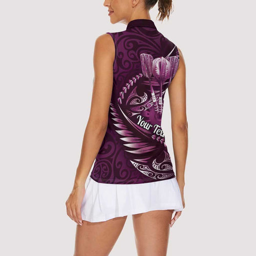 Personalised All Pink New Zealand Darts Women Sleeveless Polo Shirt Aoteroa Fern Maori Galaxy Style