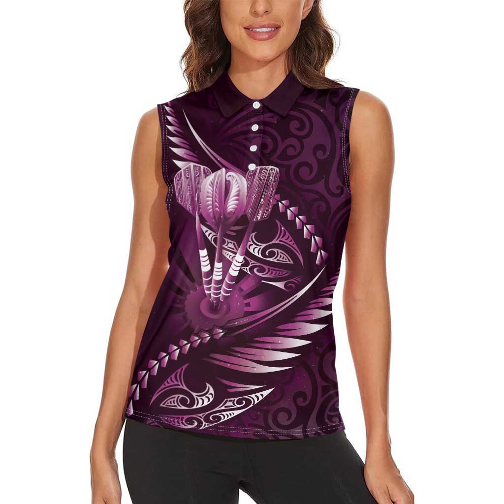 Personalised All Pink New Zealand Darts Women Sleeveless Polo Shirt Aoteroa Fern Maori Galaxy Style
