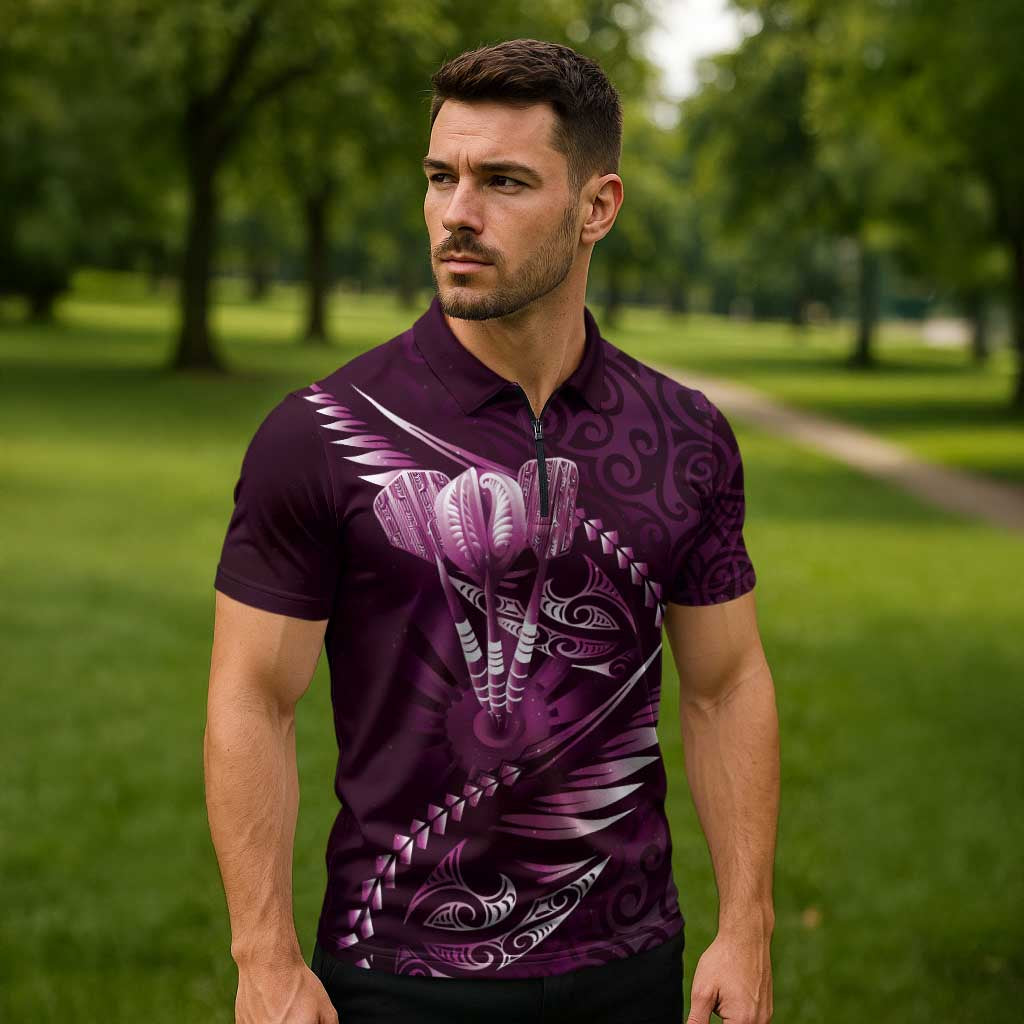 Personalised All Pink New Zealand Darts Zipper Polo Shirt Aoteroa Fern Maori Galaxy Style - Aussie Hoodie