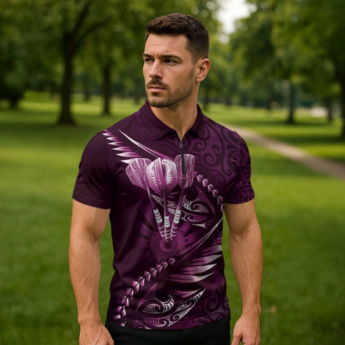 Personalised All Pink New Zealand Darts Zipper Polo Shirt Aoteroa Fern Maori Galaxy Style - Aussie Hoodie