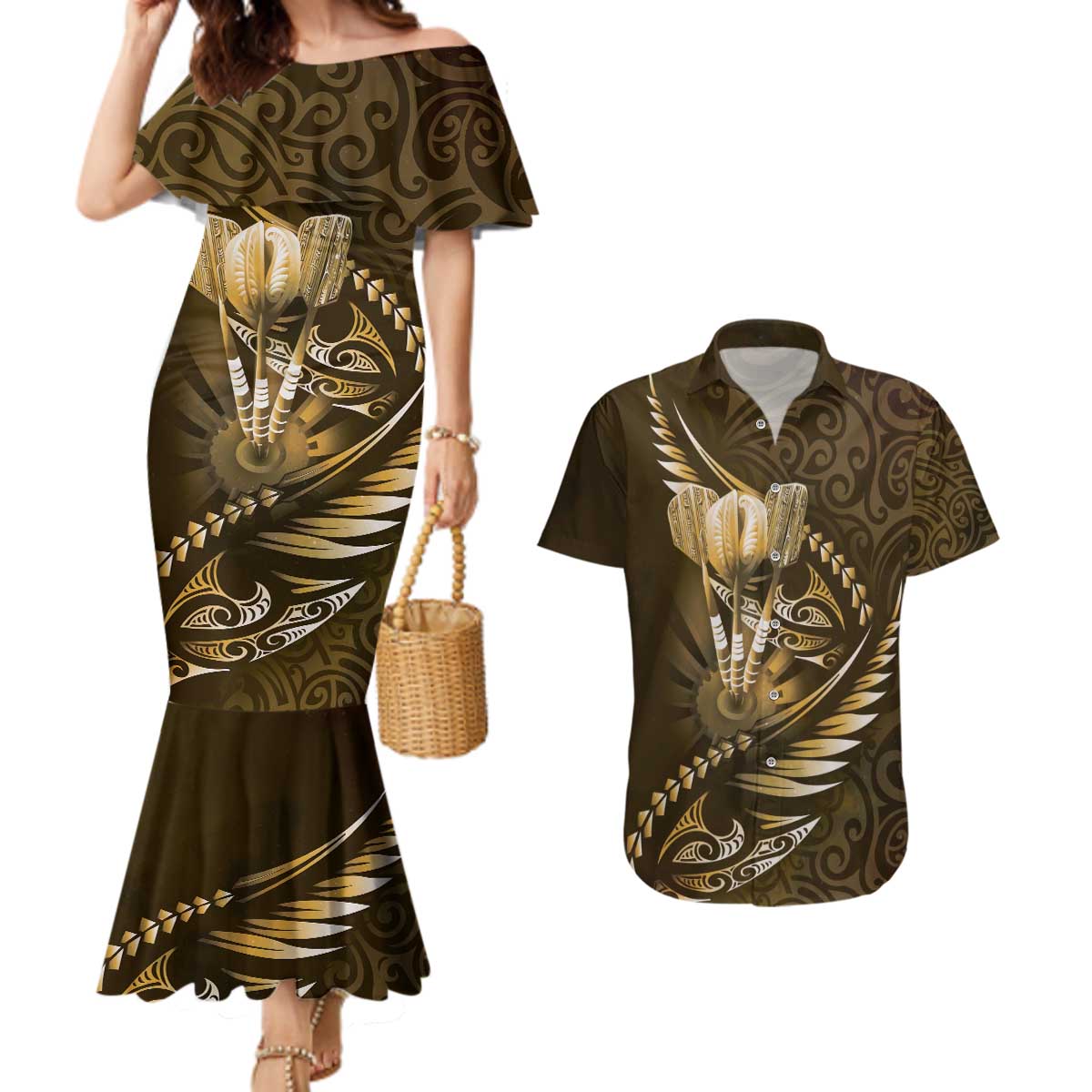 Personalised All Gold New Zealand Darts Couples Matching Mermaid Dress and Hawaiian Shirt Aoteroa Fern Maori Galaxy Style