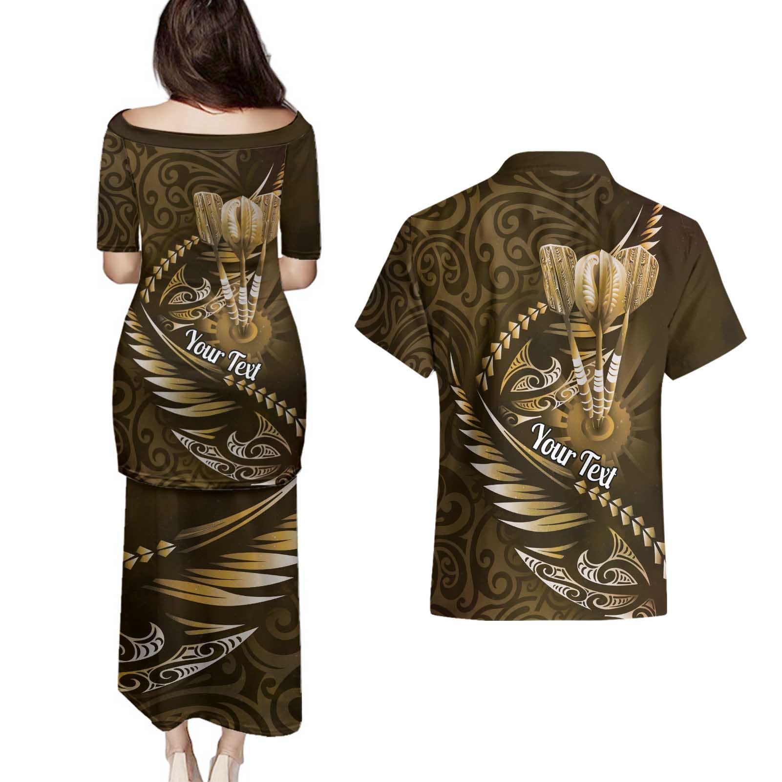 Personalised All Gold New Zealand Darts Couples Matching Puletasi and Hawaiian Shirt Aoteroa Fern Maori Galaxy Style