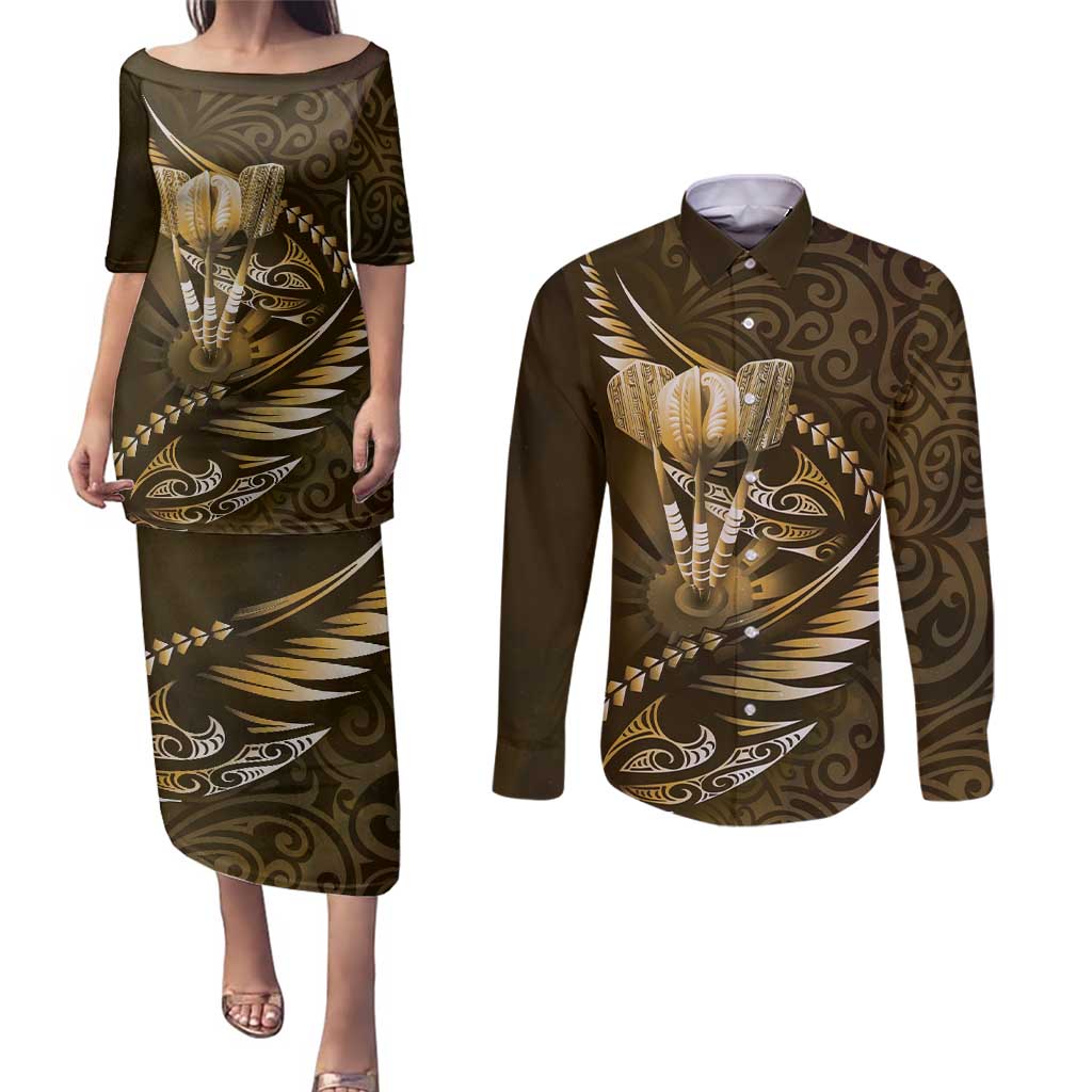 Personalised All Gold New Zealand Darts Couples Matching Puletasi and Long Sleeve Button Shirt Aoteroa Fern Maori Galaxy Style