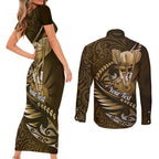 Personalised All Gold New Zealand Darts Couples Matching Short Sleeve Bodycon Dress and Long Sleeve Button Shirt Aoteroa Fern Maori Galaxy Style