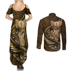 Personalised All Gold New Zealand Darts Couples Matching Summer Maxi Dress and Long Sleeve Button Shirt Aoteroa Fern Maori Galaxy Style