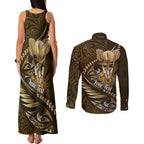 Personalised All Gold New Zealand Darts Couples Matching Tank Maxi Dress and Long Sleeve Button Shirt Aoteroa Fern Maori Galaxy Style