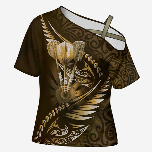 Personalised All Gold New Zealand Darts Cross Shoulder Shirt Aoteroa Fern Maori Galaxy Style - Aussie Hoodie