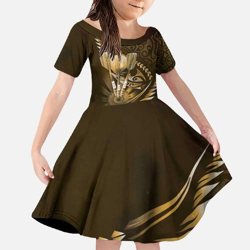 Personalised All Gold New Zealand Darts Family Matching Long Sleeve Bodycon Dress and Hawaiian Shirt Aoteroa Fern Maori Galaxy Style