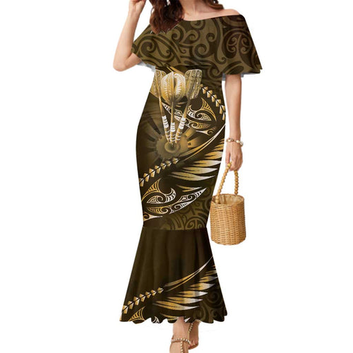 Personalised All Gold New Zealand Darts Family Matching Mermaid Dress and Hawaiian Shirt Aoteroa Fern Maori Galaxy Style