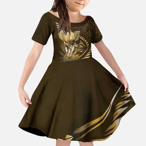Personalised All Gold New Zealand Darts Family Matching Off The Shoulder Long Sleeve Dress and Hawaiian Shirt Aoteroa Fern Maori Galaxy Style